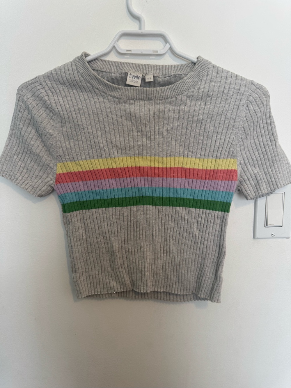 Simons Gray Ribbed Crop Top with Rainbow Stripes
